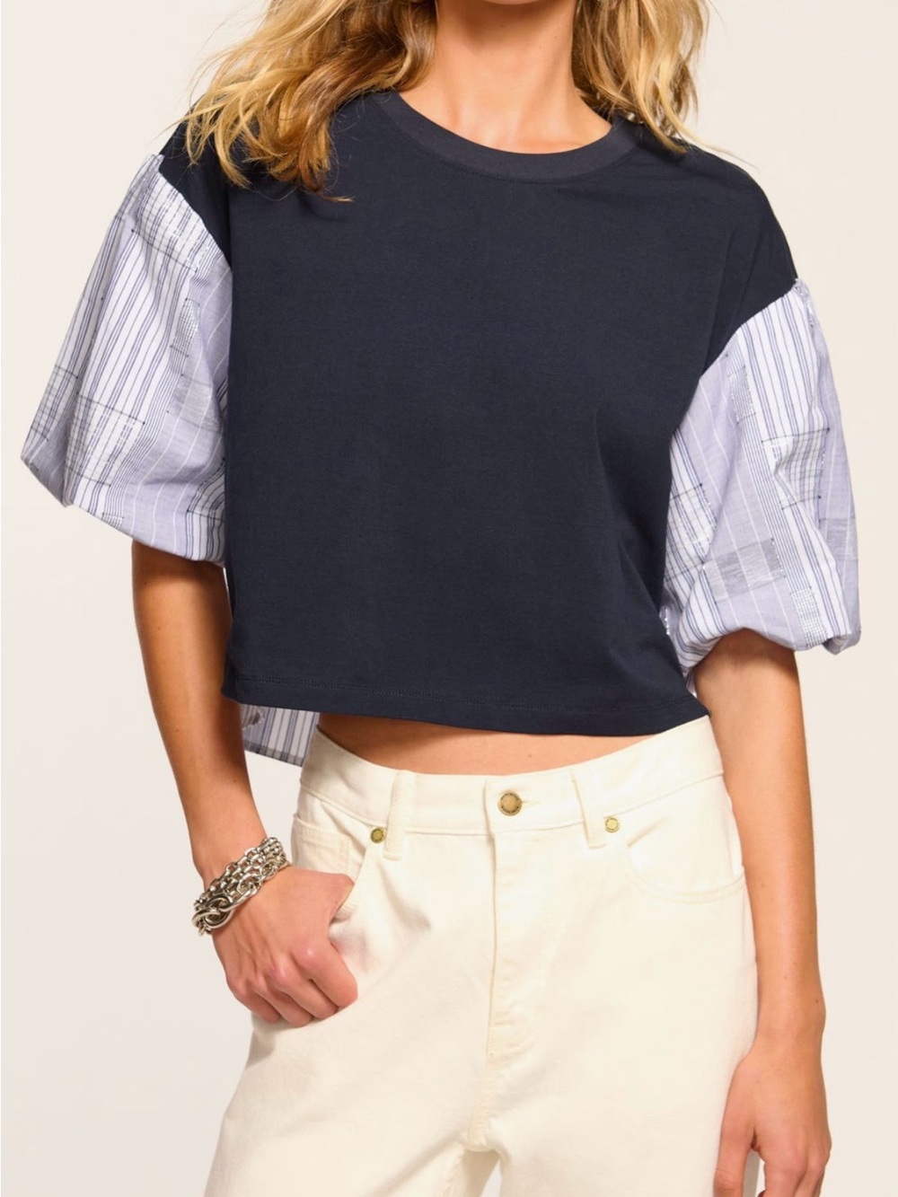 Ramy Brook Navy Crop Top with Striped Puff Short Sleeves